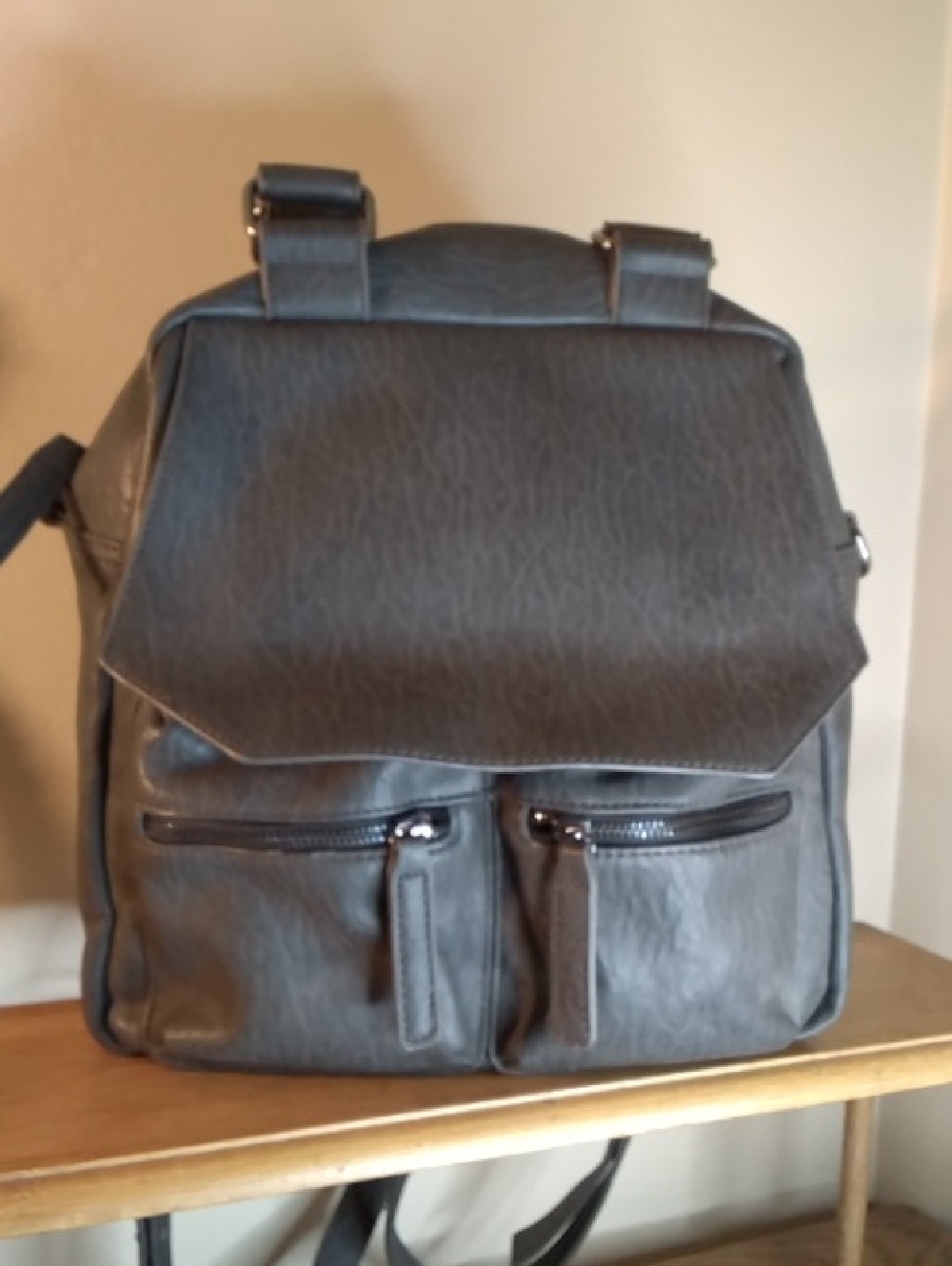NWOT Unisex Gray Faux Leather Laptop Backpack, Shoulder, Crossbody Bag